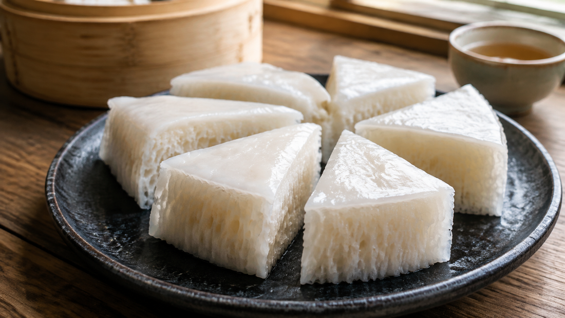 White Cantonese bai tang gao wedges with glossy tops and vertical honeycomb air tunnels