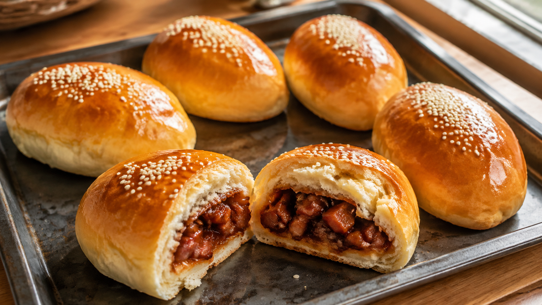 Glossy baked char siu bao with sesame seeds and chunky Chinese barbecue pork filling