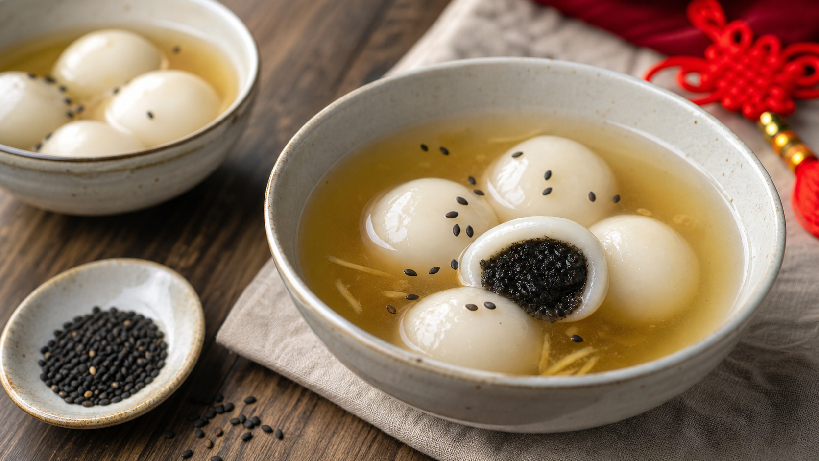Black sesame tang yuan in ginger syrup with one rice ball showing its sesame filling