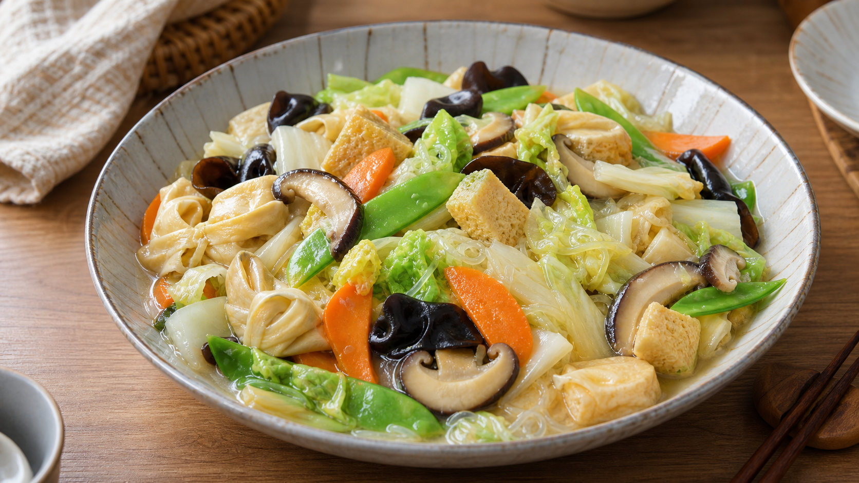 Cantonese Buddha's Delight with mushrooms tofu skin cabbage vegetables and glass noodles