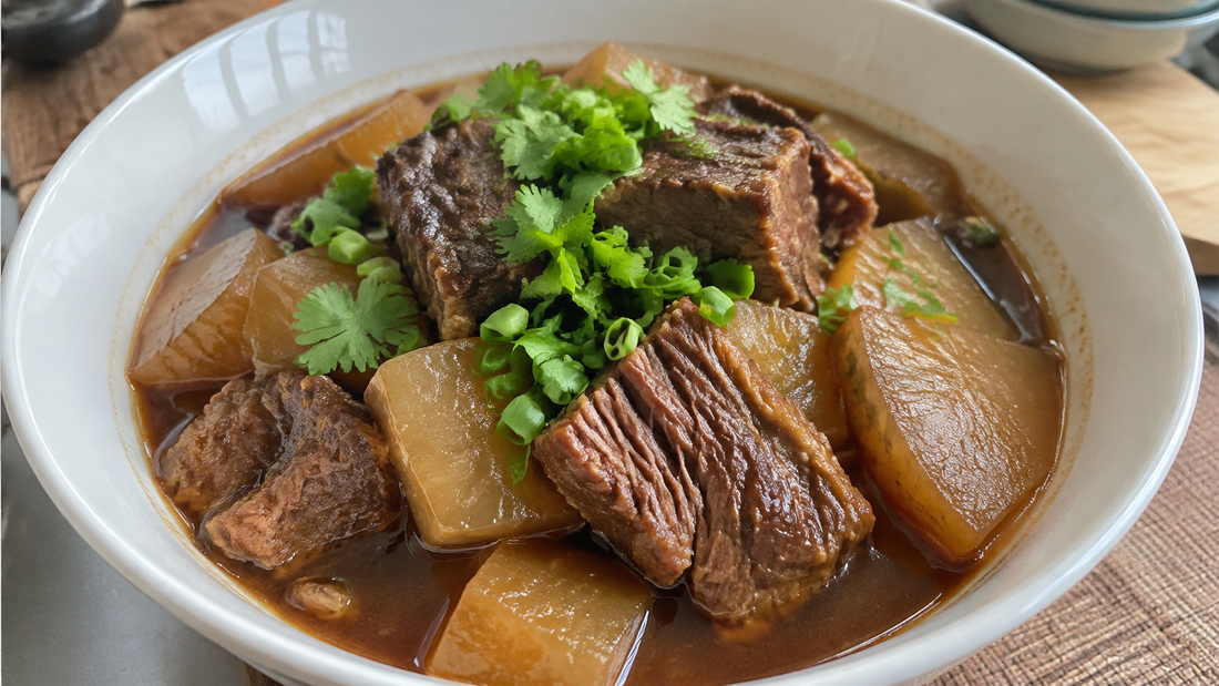 Cantonese braised beef brisket with large daikon chunks, cilantro and scallions