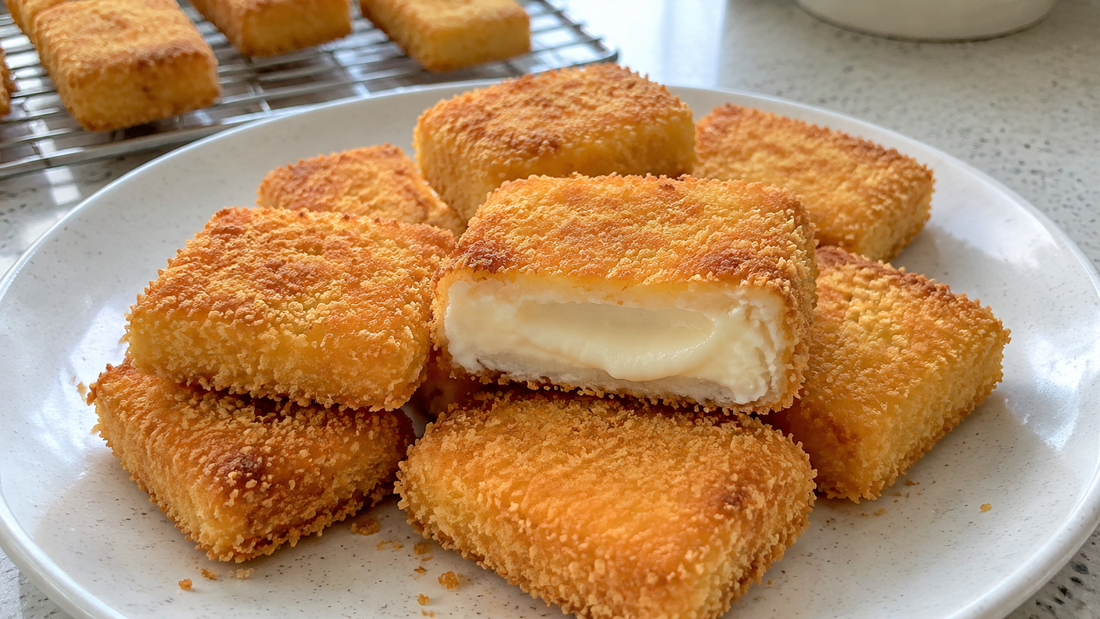 Crispy Cantonese fried milk pieces with golden breadcrumb coating and soft creamy white centers