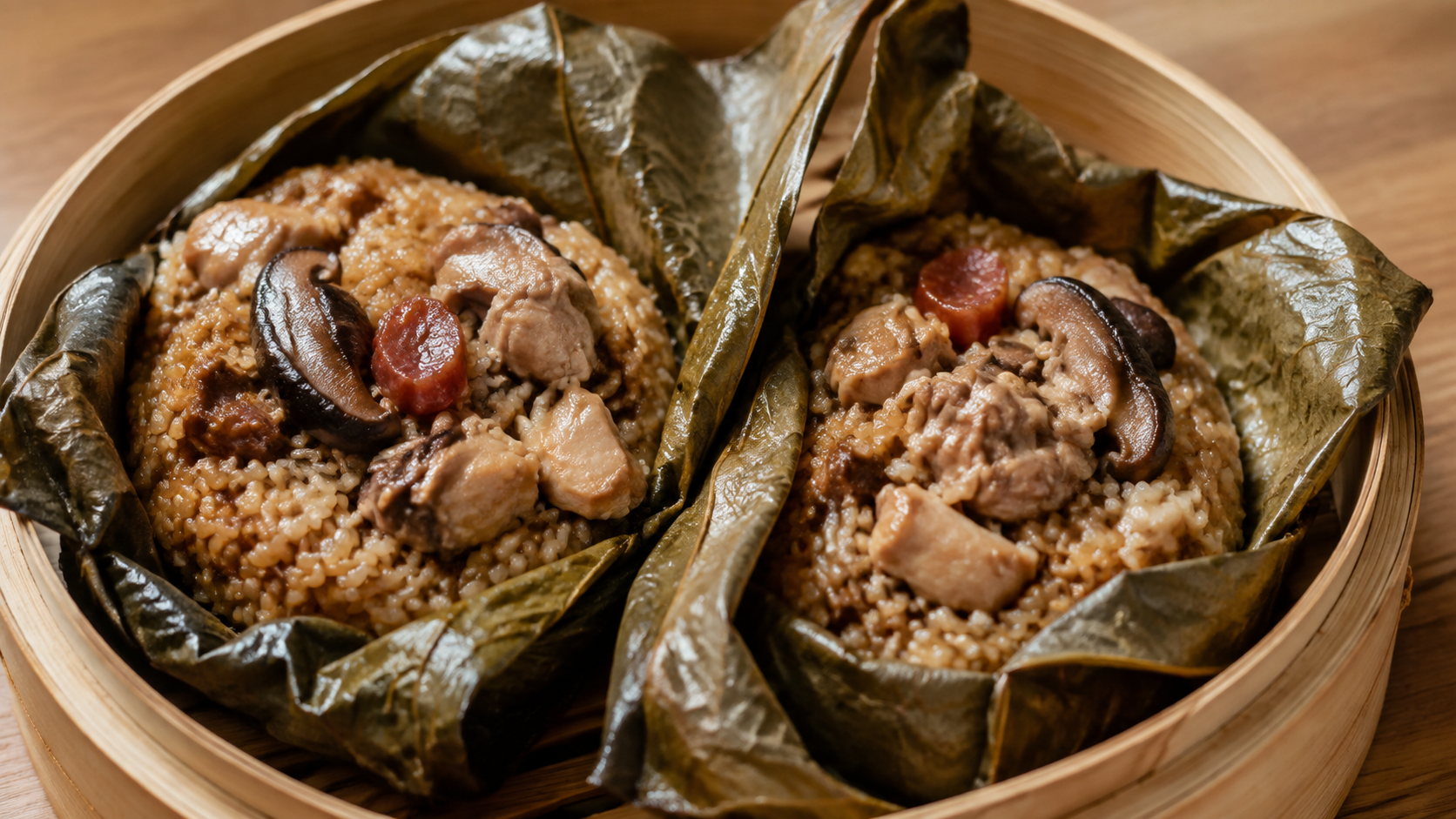 Two opened Cantonese lo mai gai lotus-leaf parcels with sticky rice, chicken, shiitake and Chinese sausage
