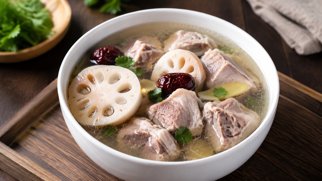 Clear Cantonese lotus root pork rib soup with lotus root slices, red dates and ginger in a white bowl