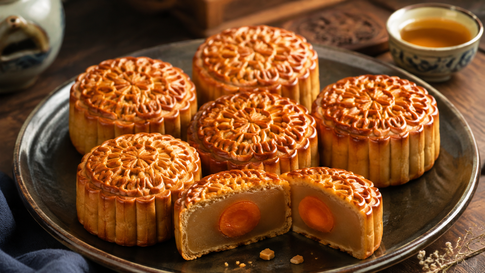 Golden Cantonese mooncakes with embossed floral patterns and lotus paste around cooked salted egg yolk