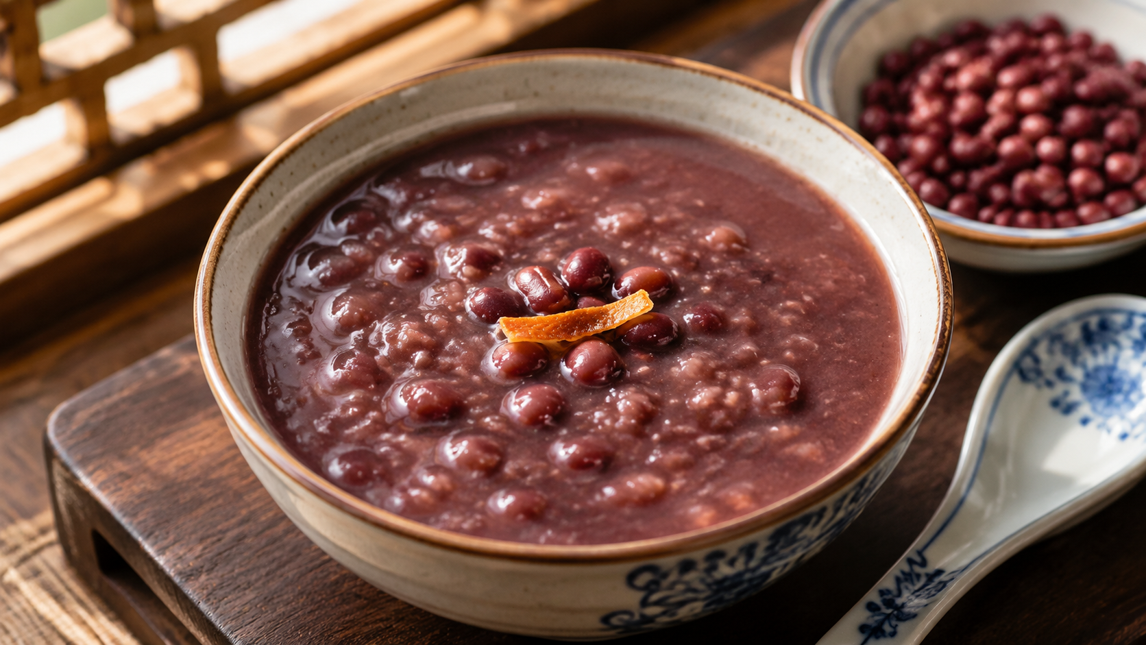 Creamy Cantonese red bean dessert soup with softened adzuki beans and a small strip of dried tangerine peel