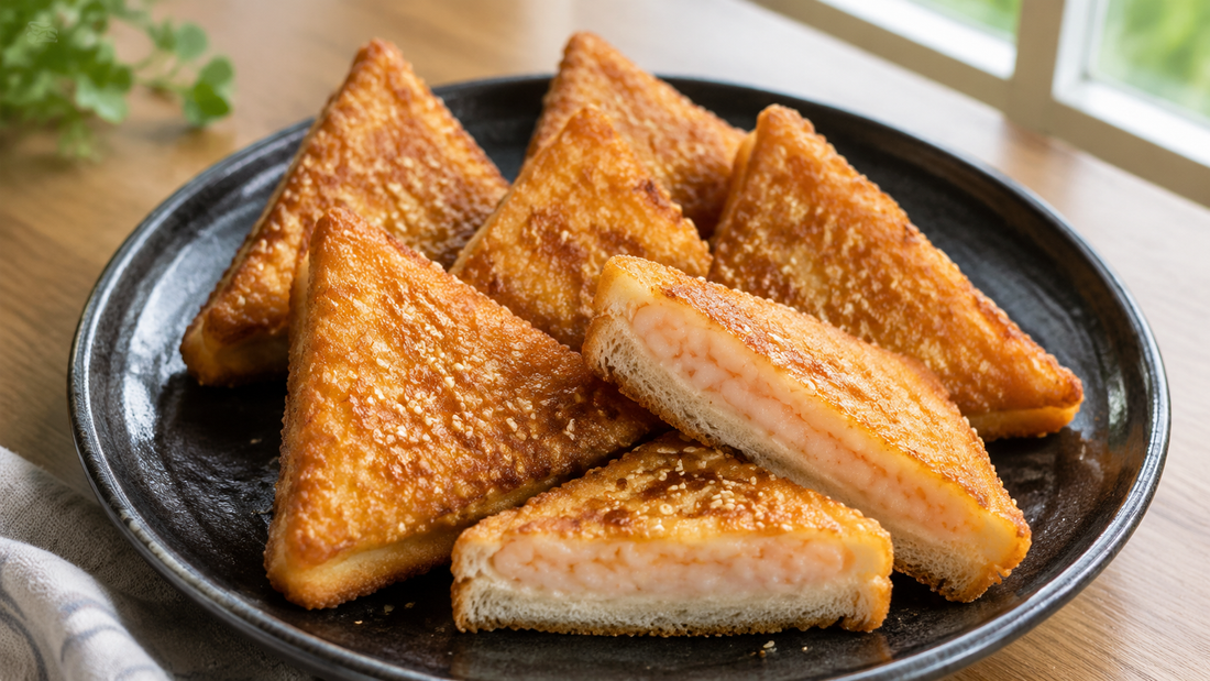 Crisp Cantonese shrimp toast triangles with sesame crust, bread base and fully cooked shrimp paste