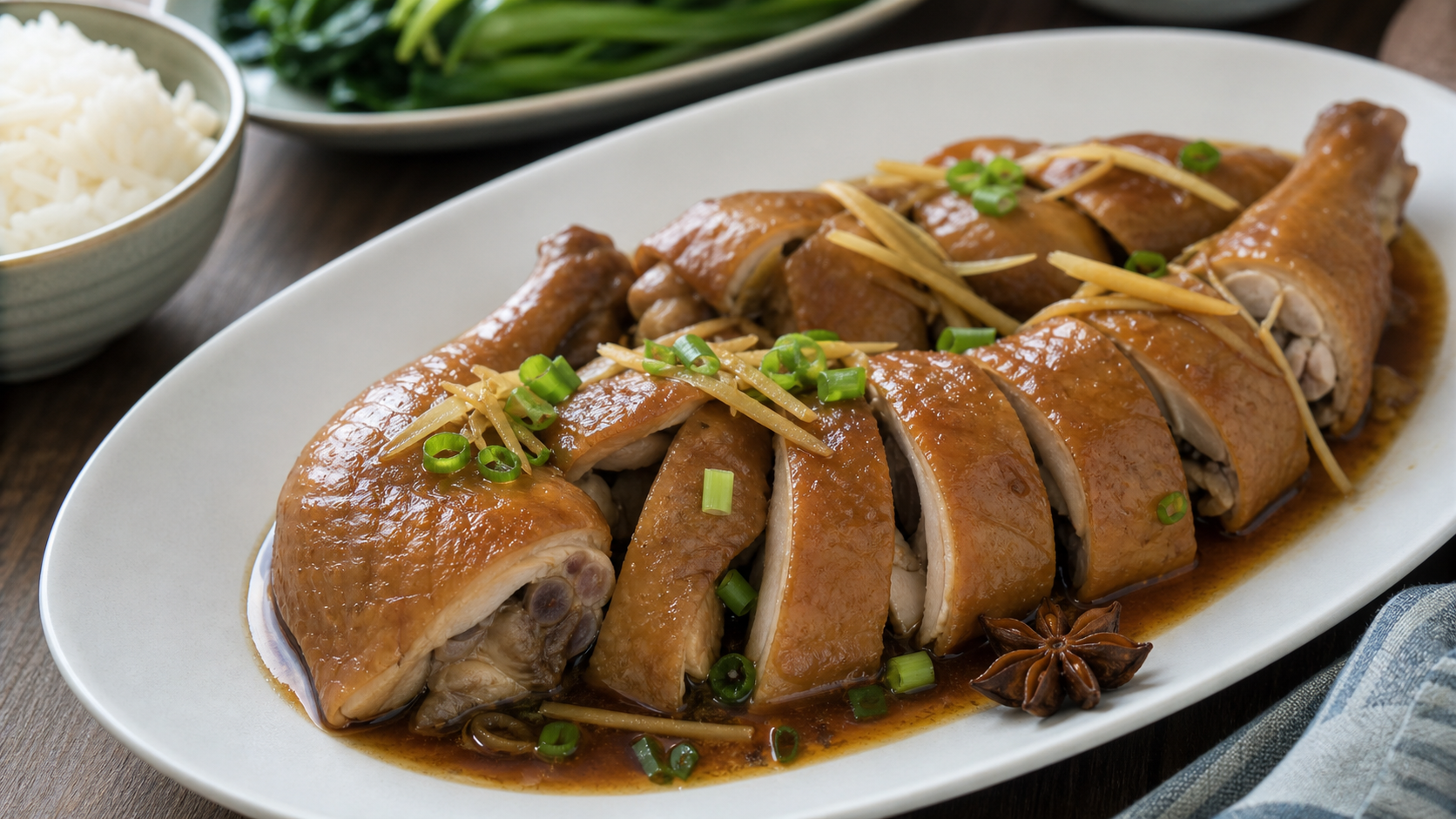 Tender Cantonese soy sauce chicken with glossy mahogany skin ginger and scallions