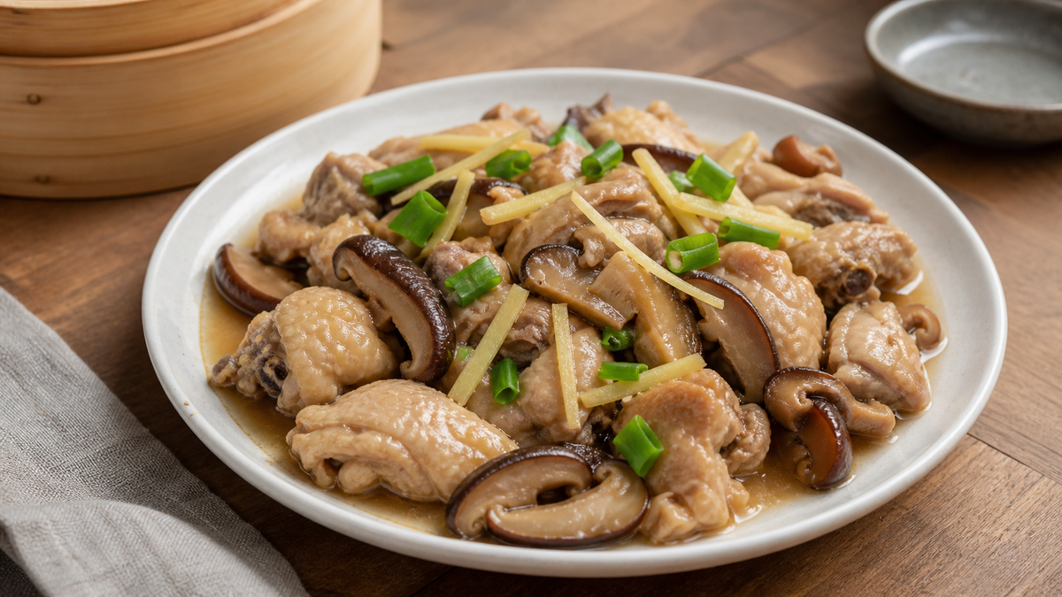 Tender Cantonese steamed chicken with sliced shiitake mushrooms ginger and scallions