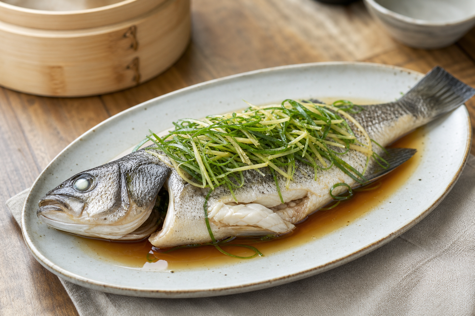 Cantonese steamed whole fish with fresh ginger, scallions and light soy sauce