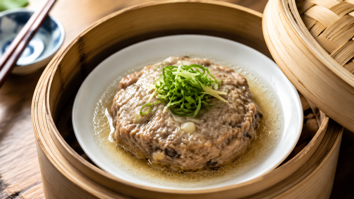 Tender Cantonese steamed pork patty with shiitake mushrooms, scallions and ginger in a bamboo steamer