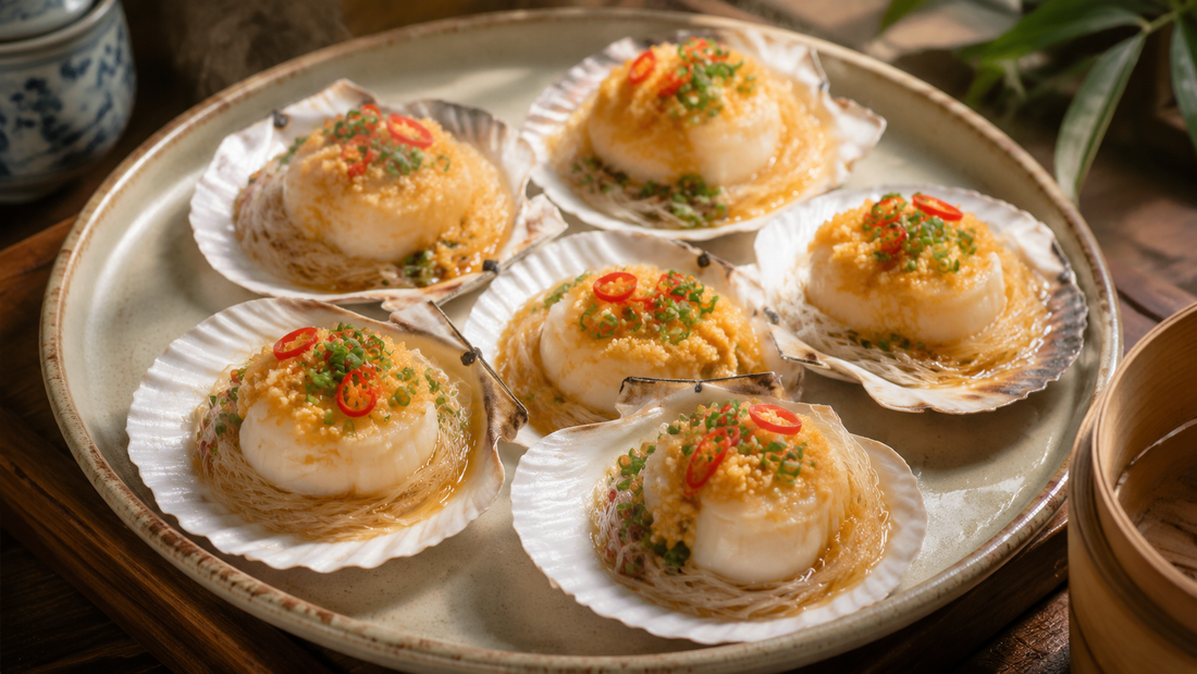 Cantonese steamed scallops in shells with garlic, glass noodles, scallions and red chili