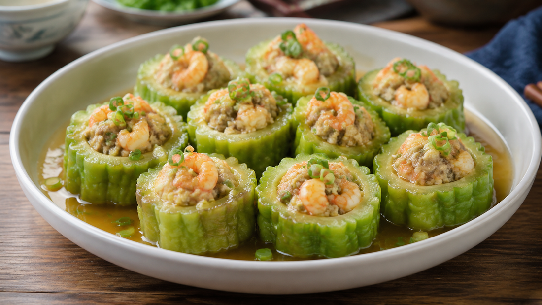 Cantonese bitter melon rings stuffed with pork and shrimp in a glossy savory sauce
