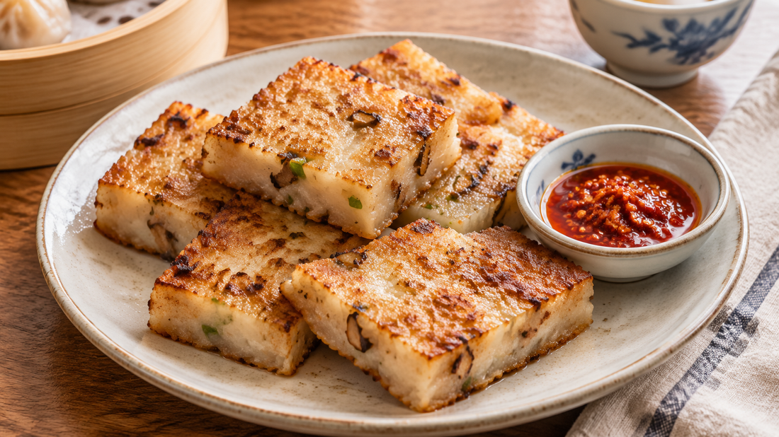 Pan-fried Cantonese turnip cake slices with shiitake mushrooms, scallions and chili sauce