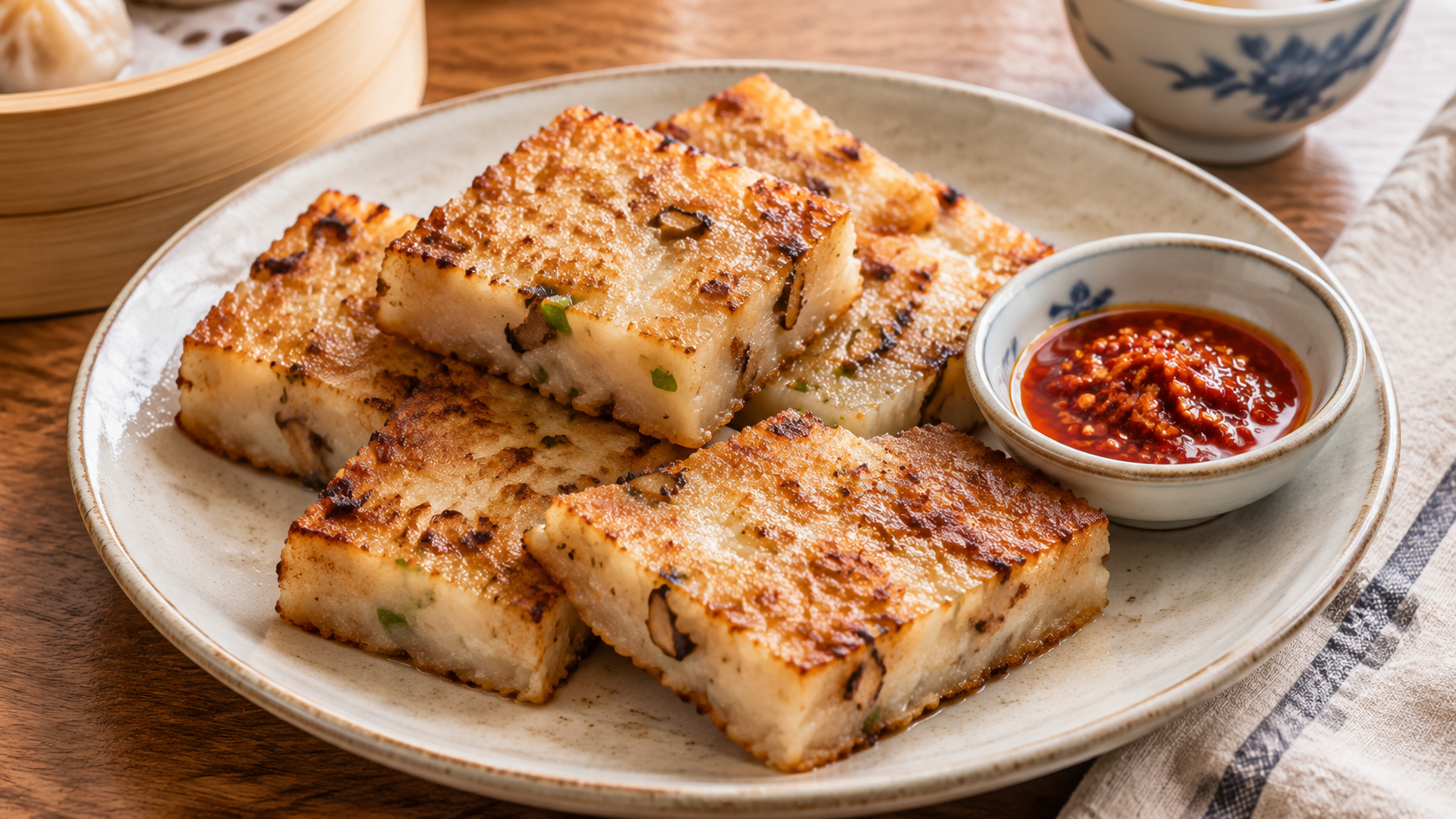 Pan-fried Cantonese turnip cake slices with shiitake mushrooms, scallions and chili sauce