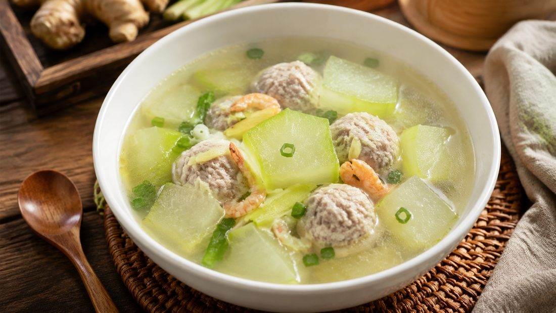 Clear Cantonese winter melon soup with pork meatballs, dried shrimp, ginger and scallions