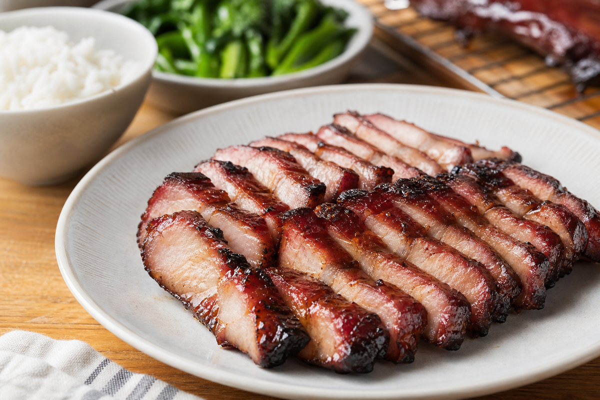 Juicy homemade char siu pork with natural mahogany glaze and caramelized edges