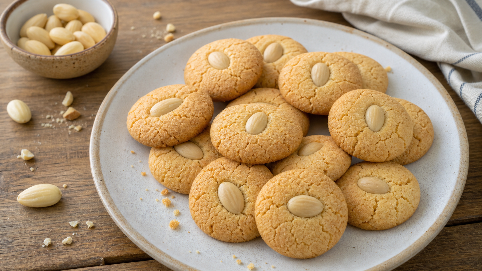 Crumbly golden Chinese almond cookies topped with whole blanched almonds