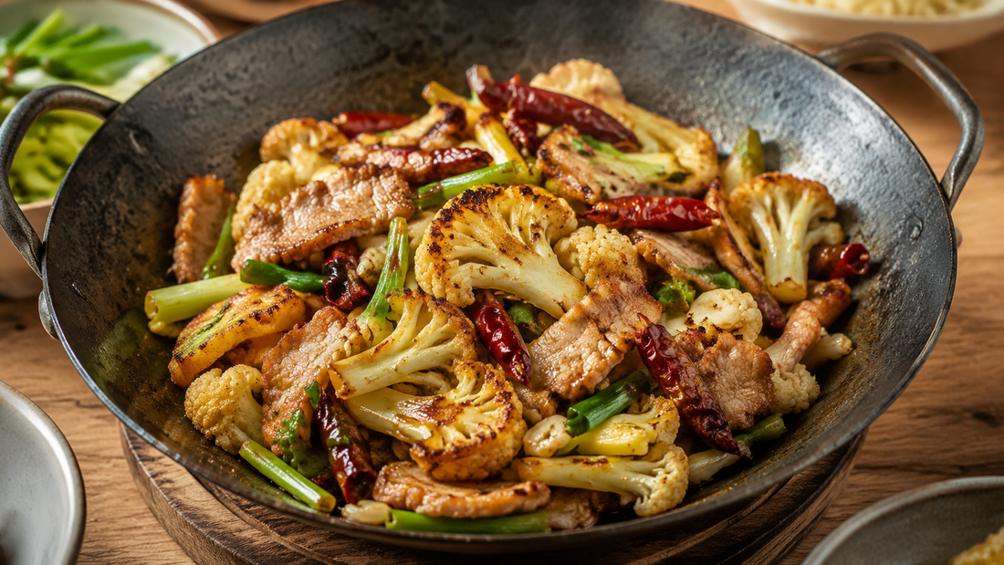 Chinese dry-pot cauliflower with browned florets, pork belly, dried chilies and scallions in a wok