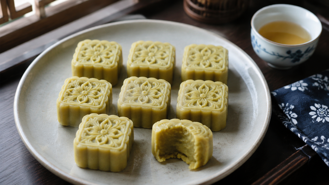 Pale yellow-green Chinese mung bean cakes with pressed flower patterns and one opened to show the smooth dense interior