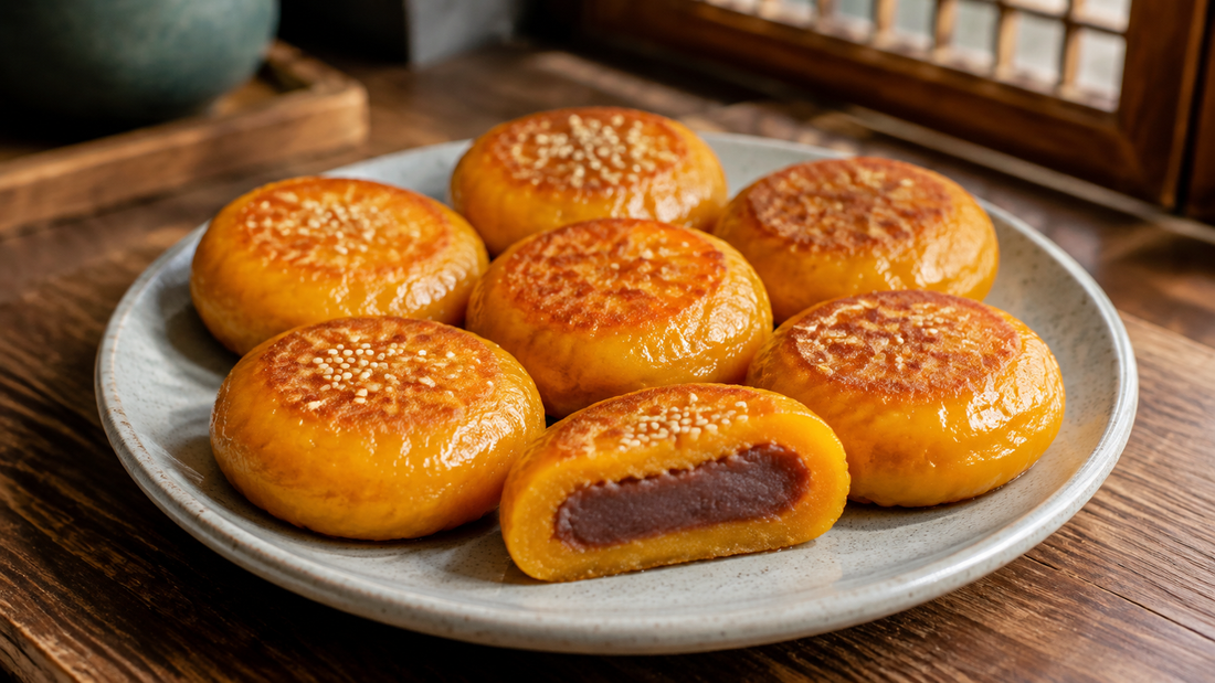 Golden pan-fried Chinese pumpkin glutinous rice cakes with sesame and one cut open to reveal smooth red bean filling