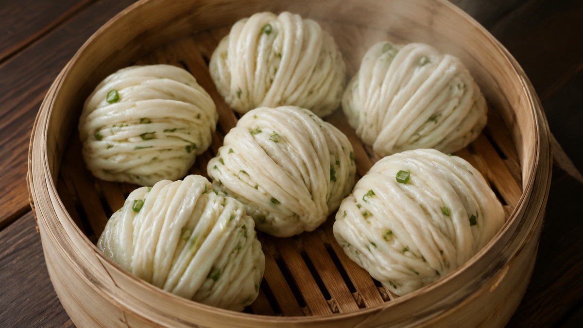 Fluffy homemade Chinese scallion flower rolls with layered twists in a bamboo steamer
