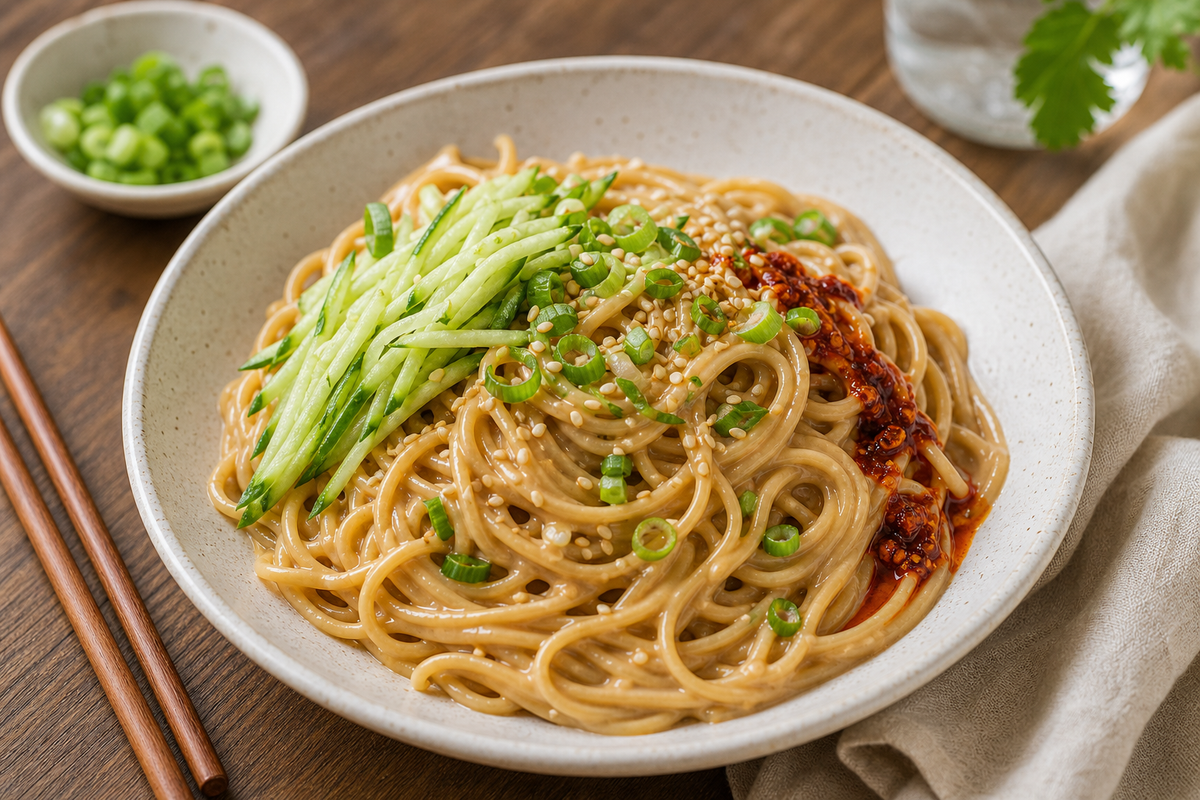 Chinese sesame noodles with smooth creamy sauce, cucumber, scallions and chili oil