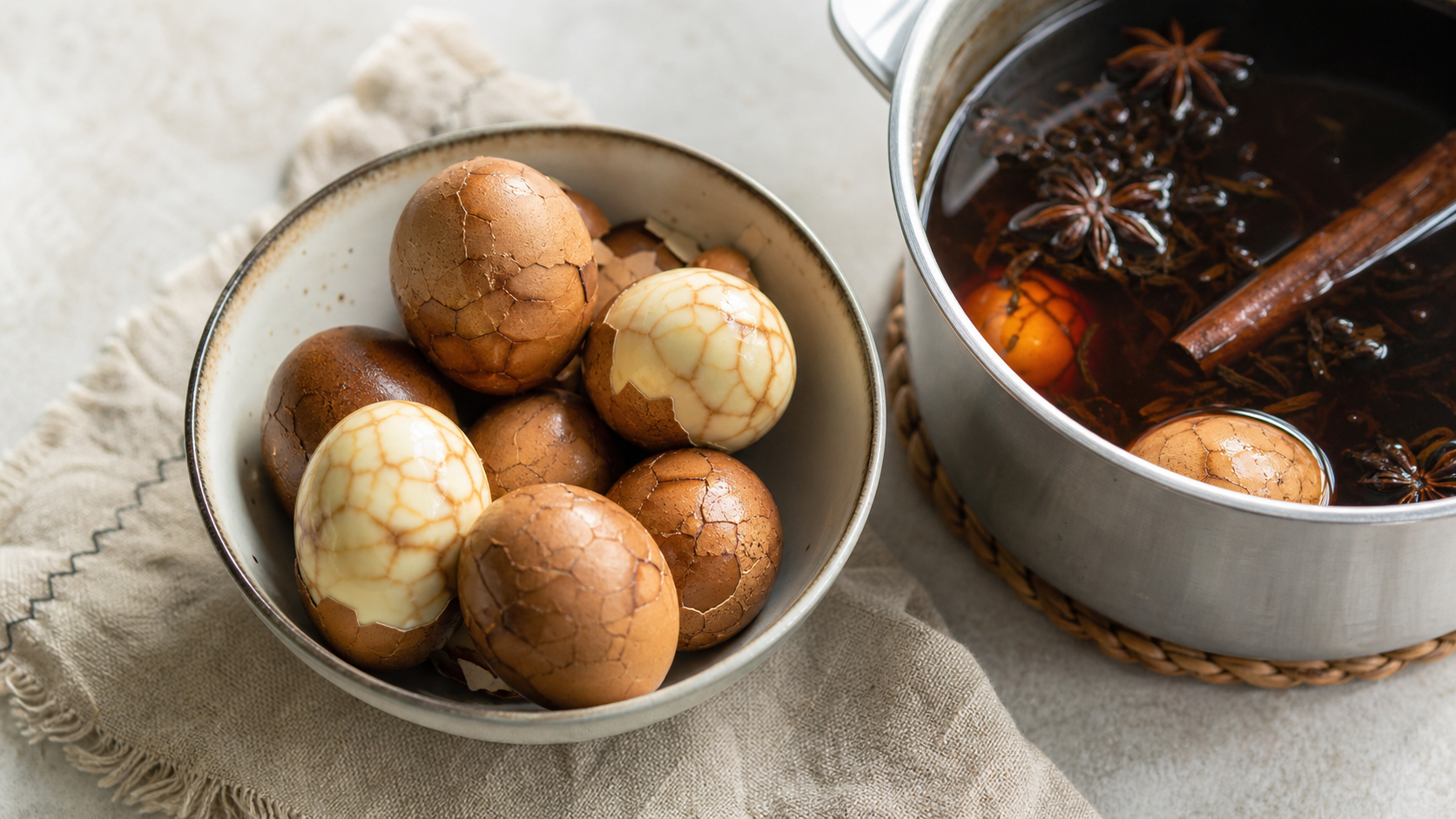 Chinese tea eggs with brown marble patterns beside black tea and star anise brine