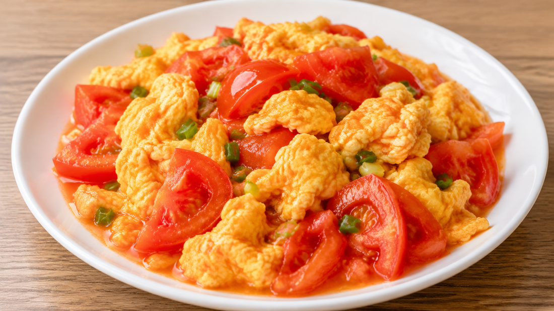 Chinese tomato and egg stir-fry with soft golden egg curds, tomato wedges and scallions