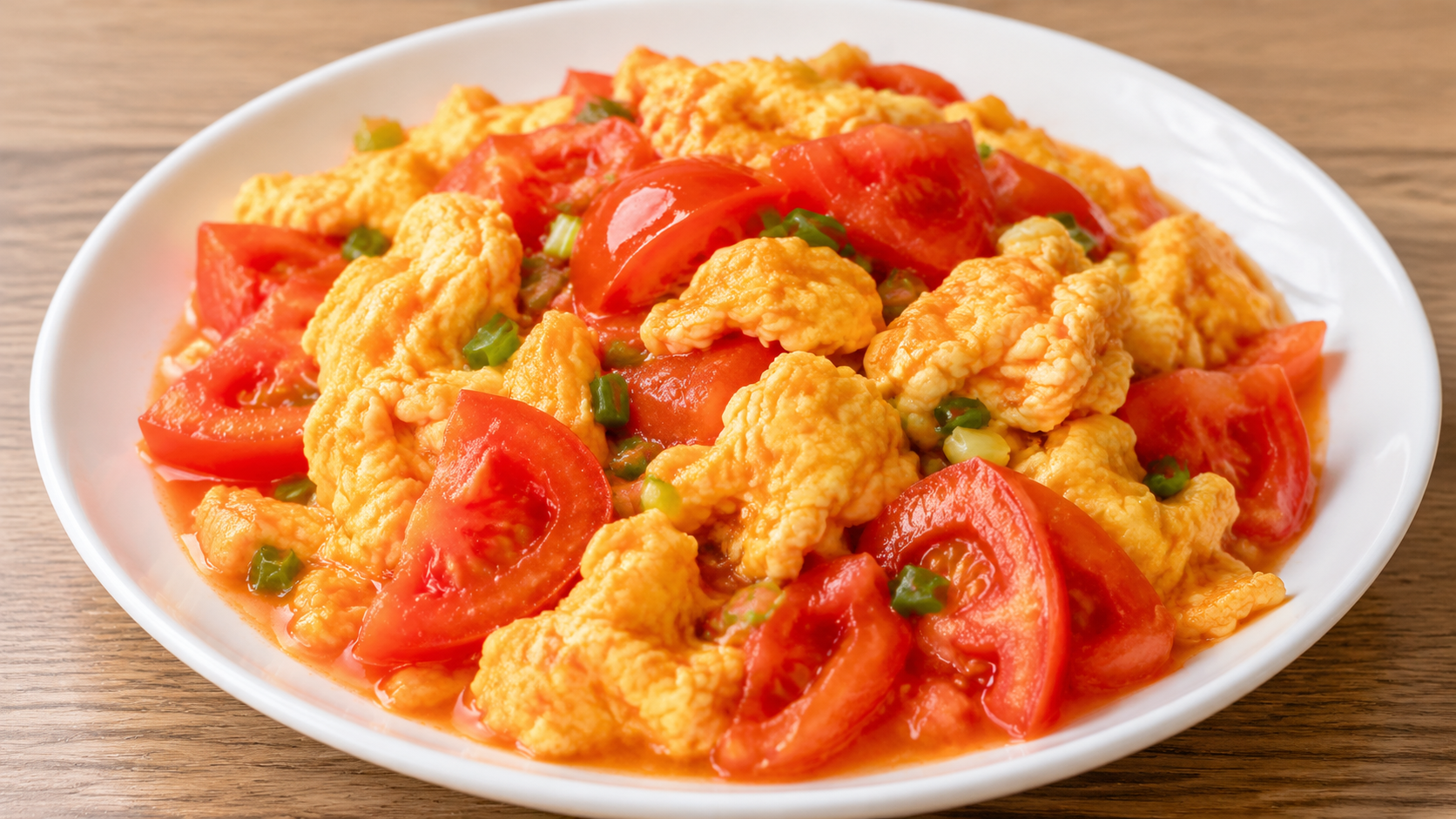 Chinese tomato and egg stir-fry with soft golden egg curds, tomato wedges and scallions