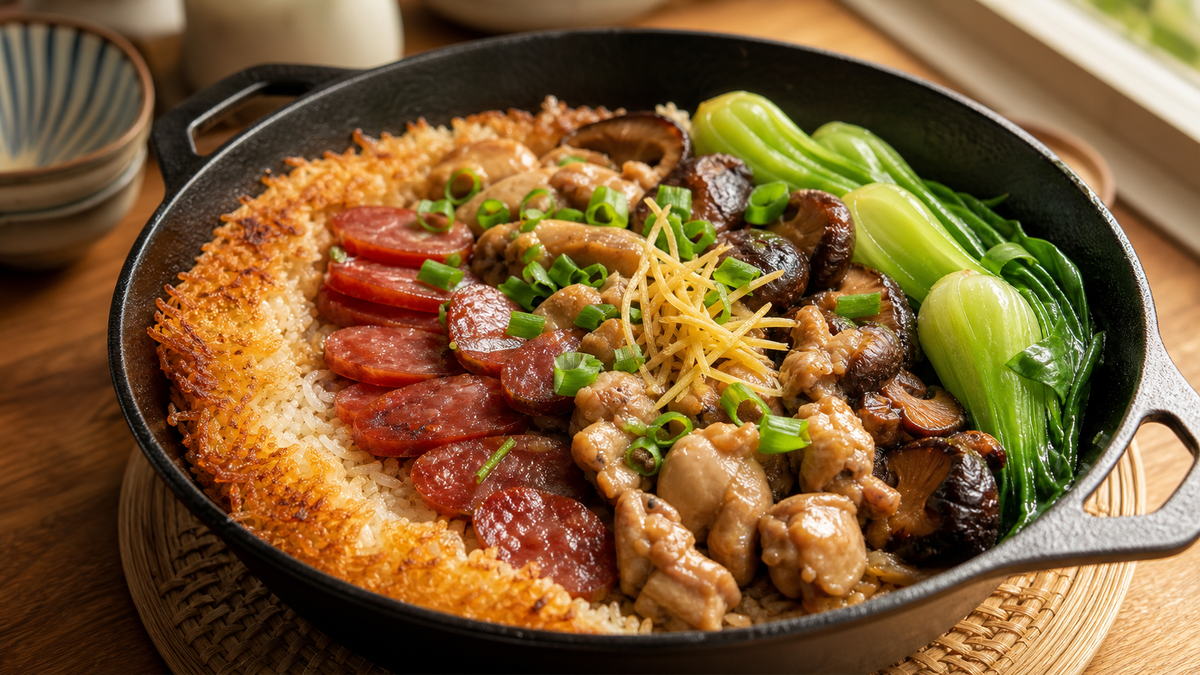 Hong Kong-style claypot rice with chicken, lap cheong and crispy rice crust