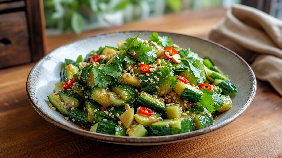 Crisp Chinese smashed cucumber salad with garlic, chili and peanuts