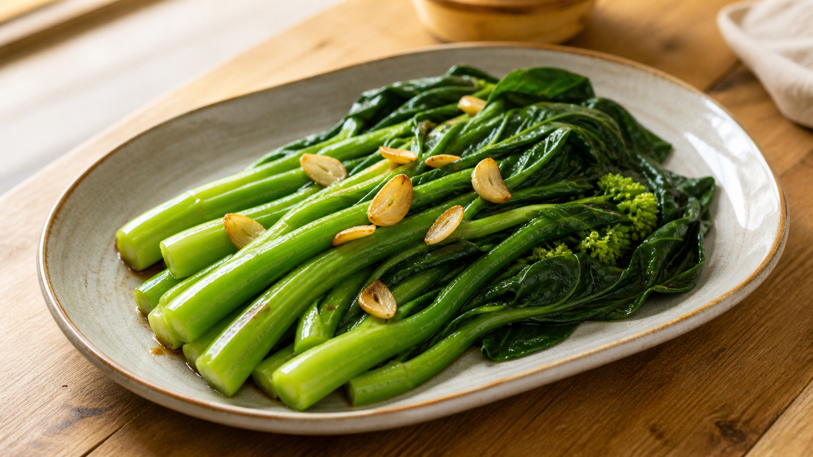 Bright green crisp-tender gai lan with garlic and oyster sauce