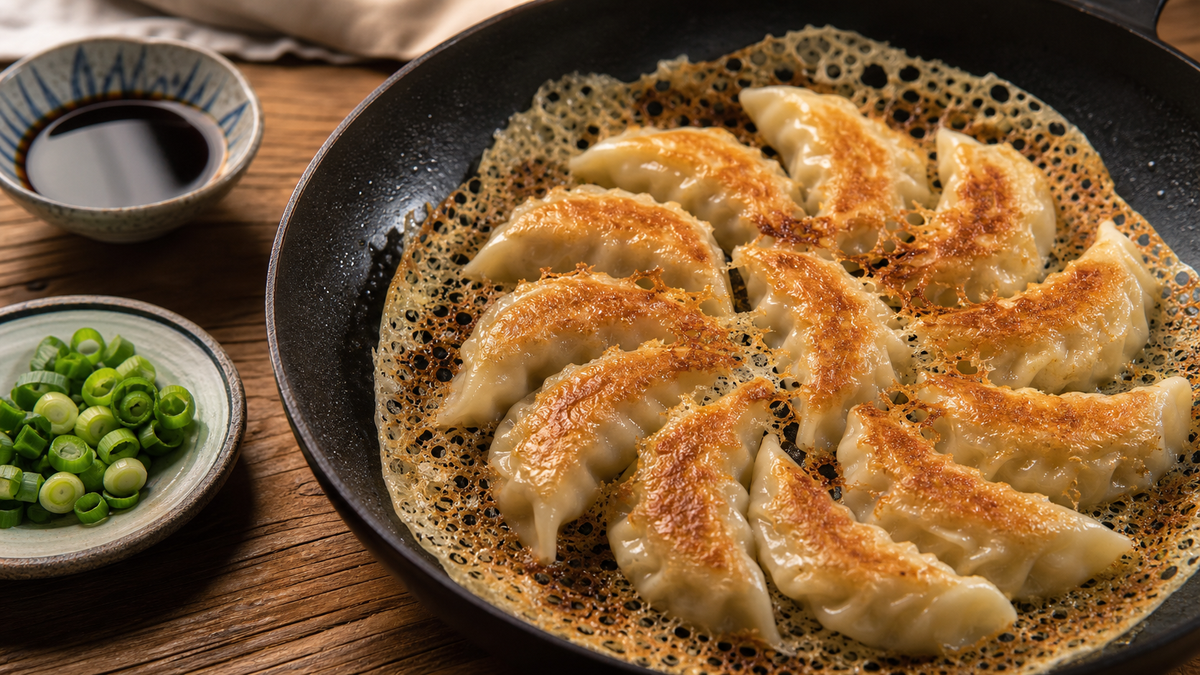 Golden Chinese potstickers with crisp bottoms and a delicate lacy skirt