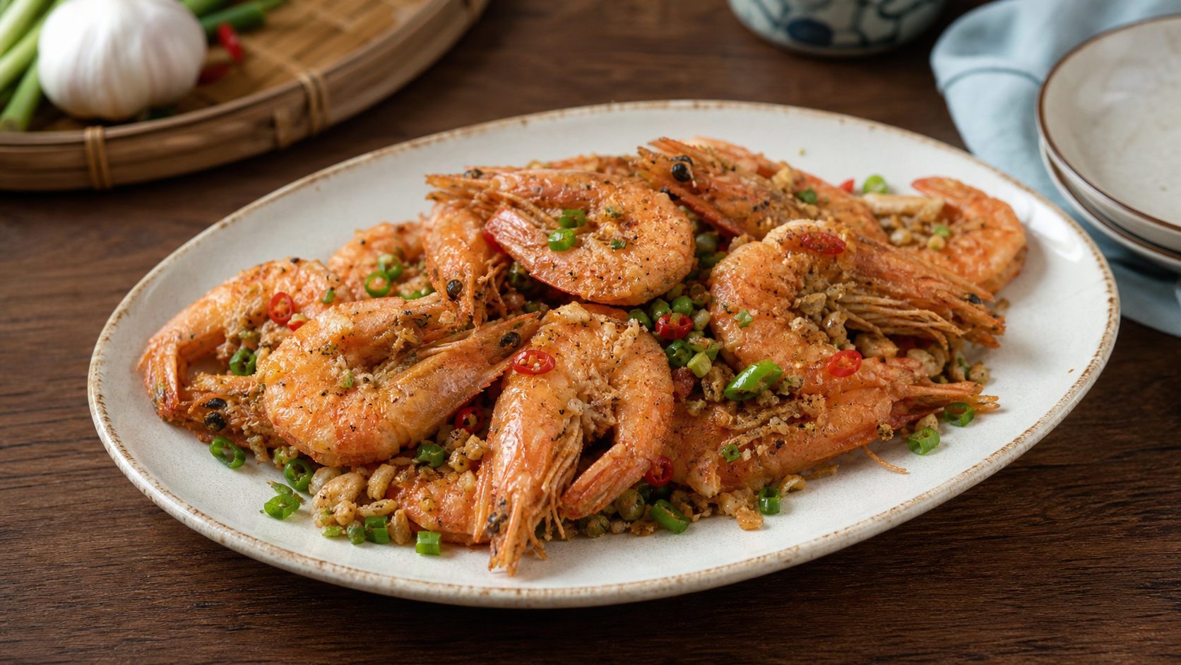 Crispy Cantonese salt and pepper shrimp with garlic chilies and scallions