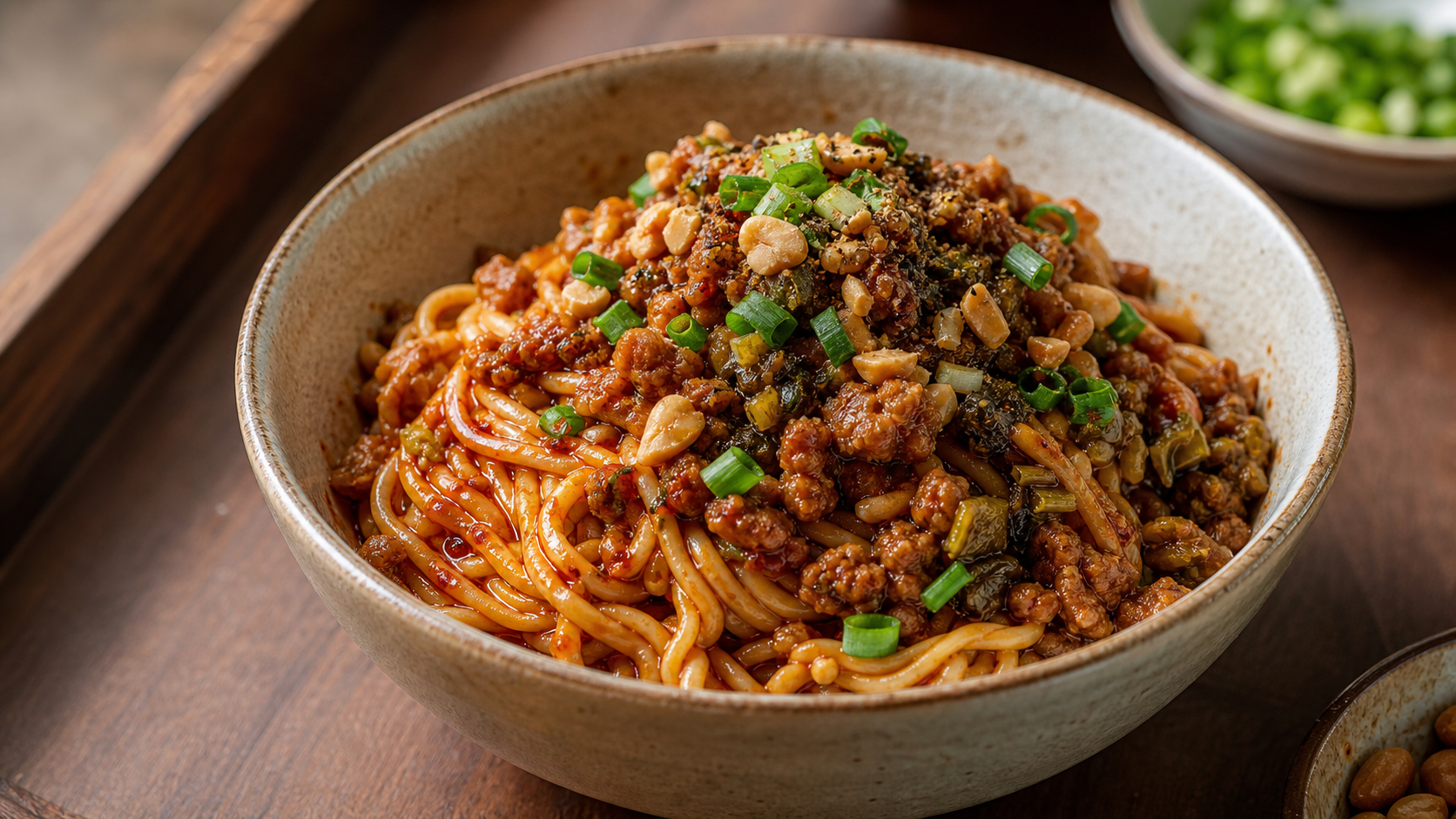 Dan dan noodles with clingy sesame chili sauce, pork, ya cai and peanuts