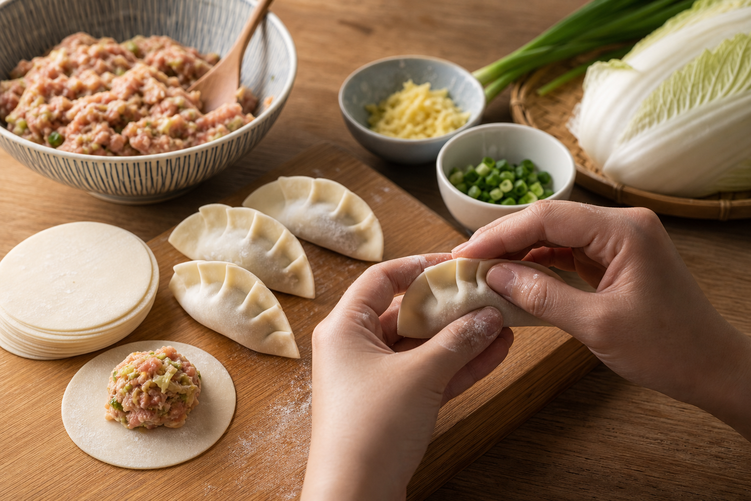 Fresh homemade Chinese dumplings being folded by hand on a lightly floured wooden work surface
