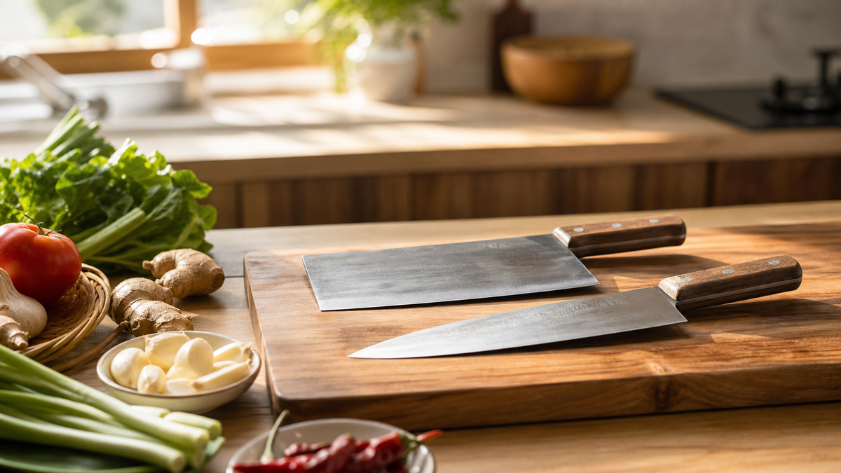 Safe knife setup for preparing vegetables for Chinese cooking.