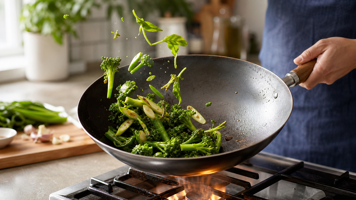 Crisp green vegetables cooking quickly in a wok.