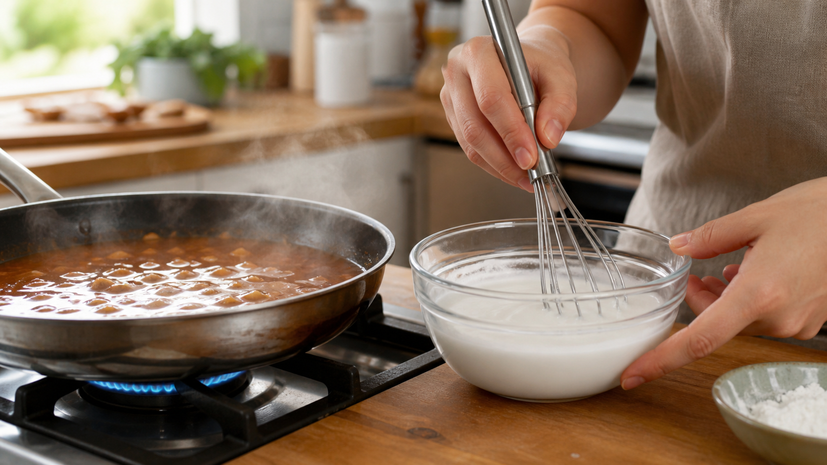 Cornstarch slurry being prepared to thicken a Chinese sauce.