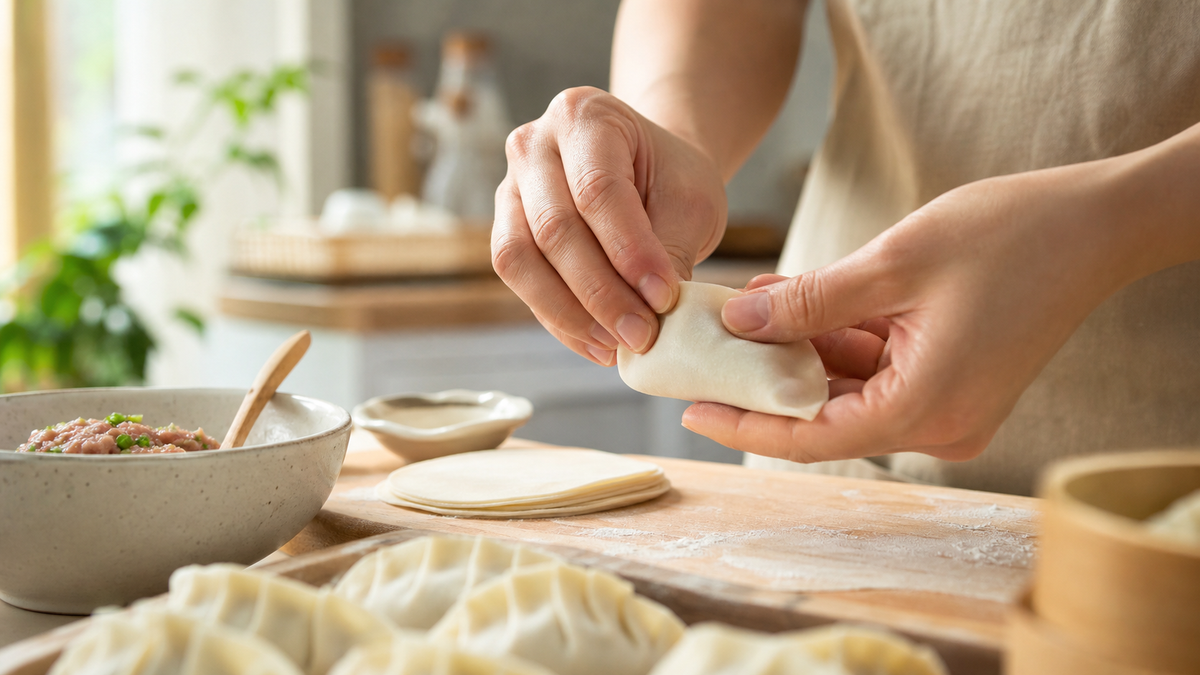 Dumpling wrapper being sealed to prevent filling leaks.