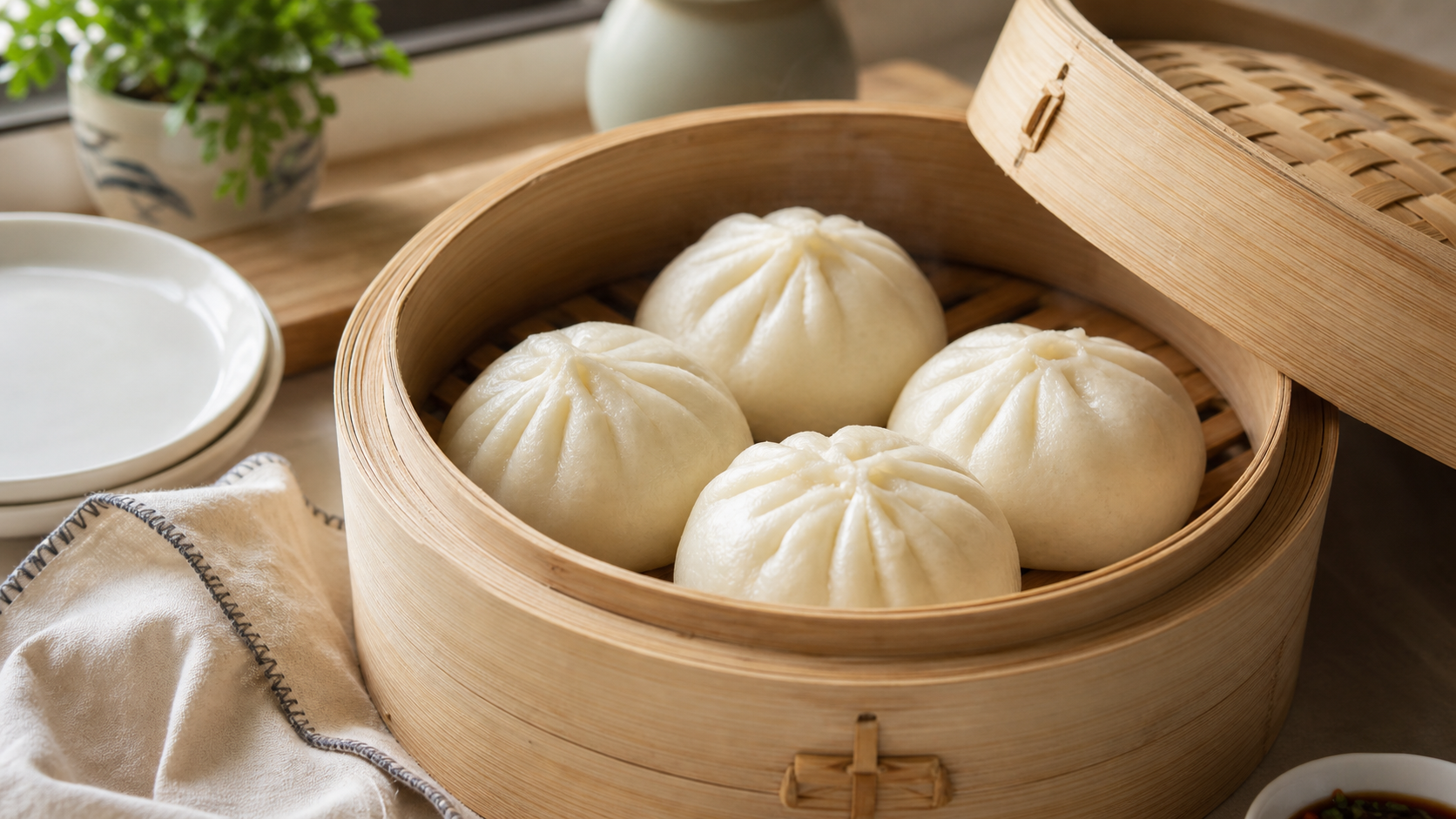 Soft homemade Chinese buns in a bamboo steamer.