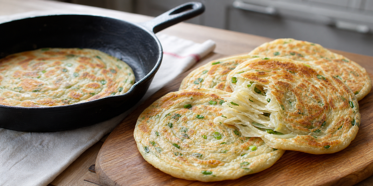 Golden homemade Chinese scallion pancakes with visible crisp flaky layers