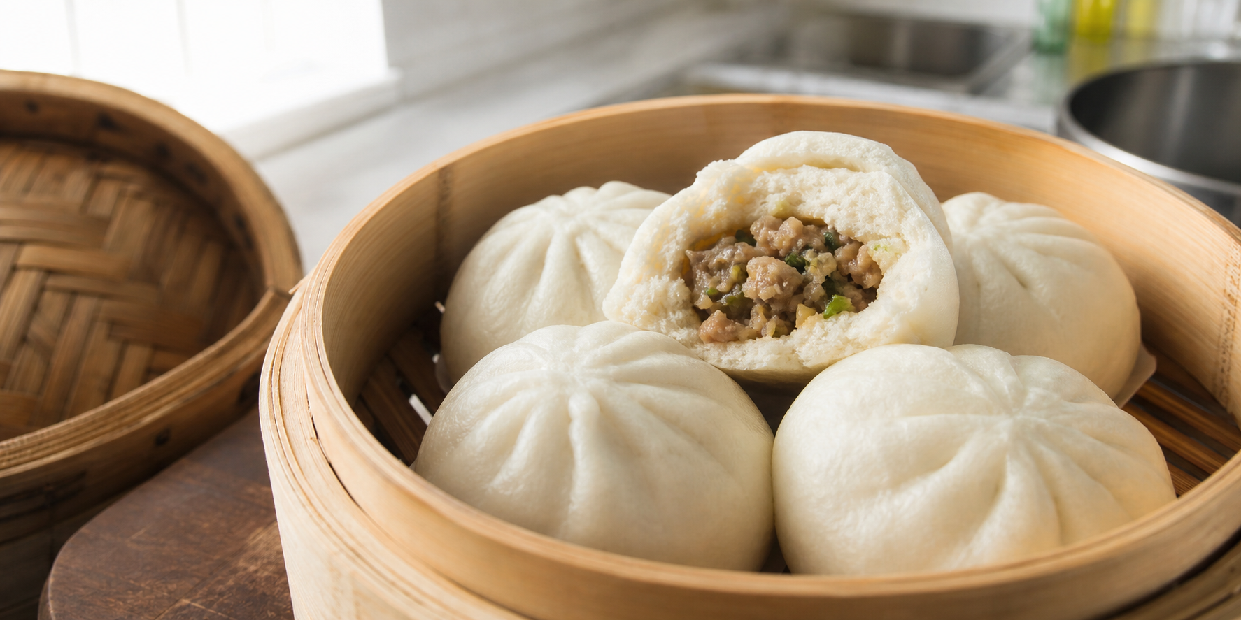 Fluffy homemade Chinese bao buns in a bamboo steamer with one bun opened
