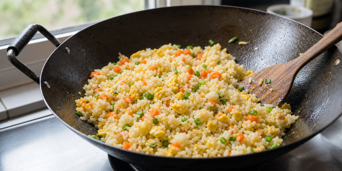 Dry separate grains of homemade Chinese egg fried rice cooking in a carbon-steel wok