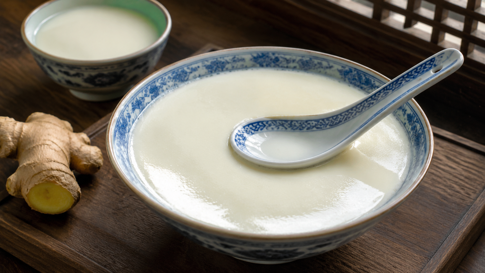 Cantonese ginger milk pudding set in a blue-and-white ceramic bowl with a porcelain spoon resting on its smooth surface