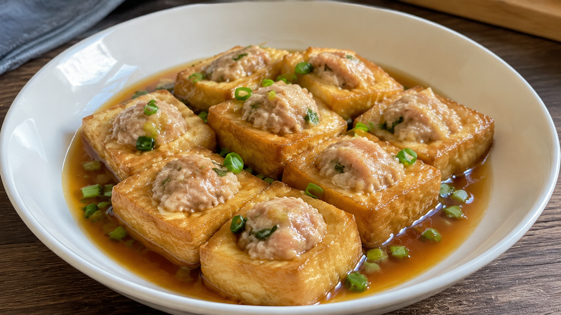 Hakka yong tau foo with golden tofu pieces stuffed with pork and shrimp in savory sauce