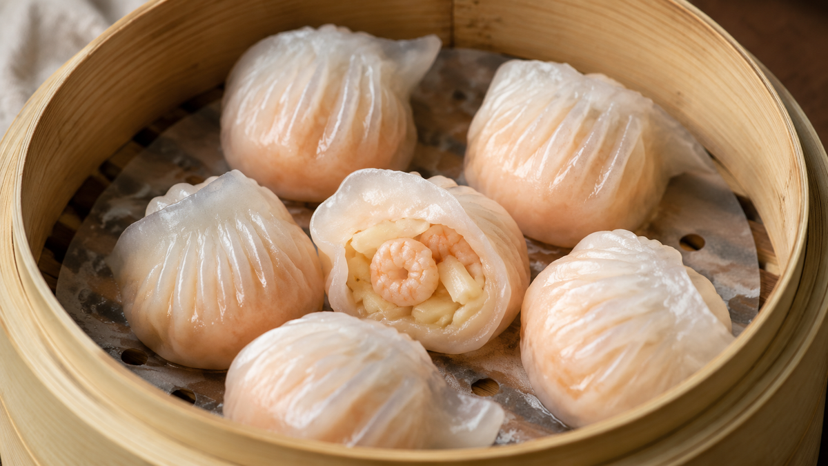 Translucent homemade har gow shrimp dumplings in a bamboo steamer