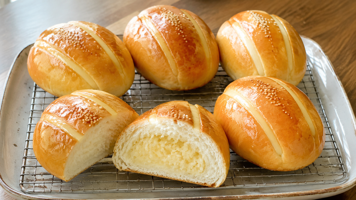 Hong Kong cocktail buns with glossy golden crust, topping stripes and shredded coconut filling