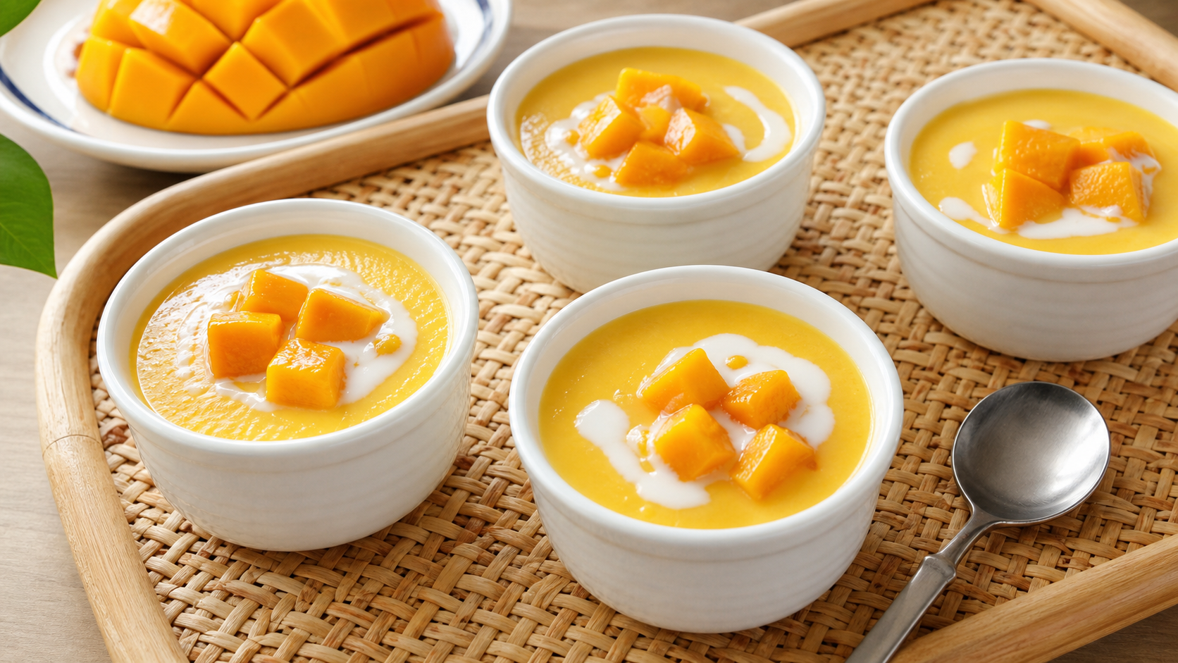 Smooth Hong Kong mango pudding topped with fresh mango cubes and evaporated milk
